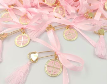 Martyrika Witness Pins, Greek Baptism Pins for girl, Pink cross Baptism Favors, Greek Orthodox gold cross Baptism, First Communion  10 pcs.