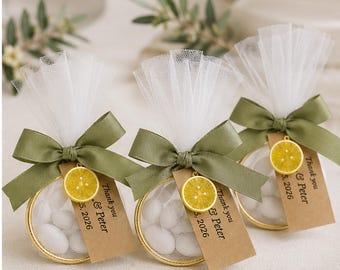Amalfi Wedding Favor, Greek Bomboniere Lemon Charm, Gold Ring Tulle Koufeta, Personalized Elegant Baptism Gift, Italian Bomboniere