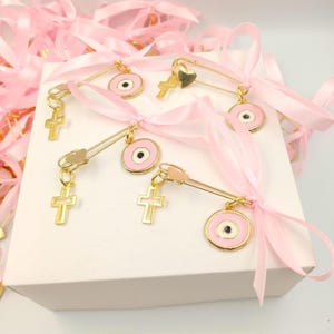 10 pcs, Martyrika safe pins, Girl baptism, Witness favors pins, Greek Orthodox baptism , Cross pin favors, Martirika evil eye with cross