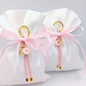 10 pcs, Greek baptism favor bombonieres, Orthodox baptism Evil eye cross Keychain favors, Girl baptism,Koufeta, Almond candy Sanduk bags.