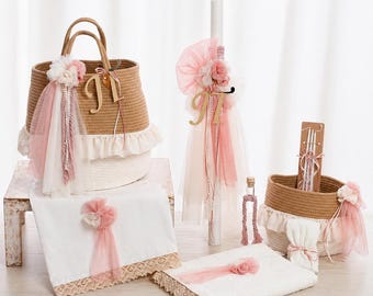 Romantic Greek Baptism Set for Girl, Orthodox Christening Custom Baptism Candle, Ladopana and Oil Set, Rustic Style.