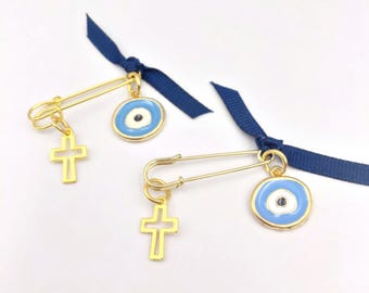 Martyrika Safety Pins - Set of 10 | Cross & Enamel Evil Eye Baptism Favors | Christening First Communion Keepsakes