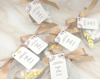 Bomboneras griegas para bautizo, bolsas de organza blanca con hoja de olivo, almendras koufeta, cinta de raso y etiqueta personalizada, regalo griego, 10 unidades.
