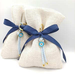 Greek Baptism Favors Burlap Bag, Evil Eye Keychain bobonieres koufeta, First Communion souvenir, baby shower party favors(10 pcs)