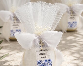 Wedding Favors Tulle Ring Bomboniera with Gold Cross & 5 Koufeta – Greek Orthodox Bomboniere, Mediterranean Bridal Shower Favor (Set of 10)