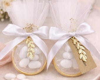 Greek Orthodox Ring Tulle Wedding Favors – Gold Olive Leaf Koufeta Bags, Engagement  gifts set of 10