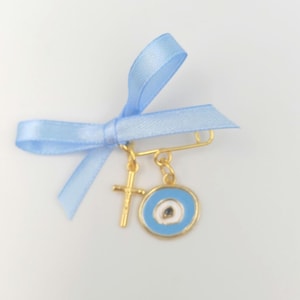 Boy Baptism Favors: Greek Cross Evil Eye Martyrika Pins, Blue Ribbon (set of 10)