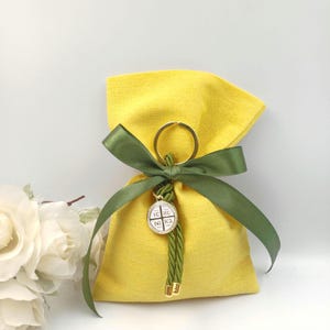10 pcs, Greek  Orthodox baptism boubounieres, cross Key chain Boy baptism, Koufeta Almond candy linen bags, summer favors greek baptism.
