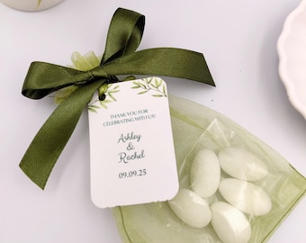 Greek Bombonieres Wedding Favors with Koufeta | Olive Green Organza Bag with Personalized Tag | Christening Baptism bomboniere 10pcs.