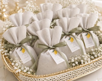 Lemon Bomboniera Linen Favor | Koufeta Wedding Favor Lemon Charm | Mediterranean Bridal Shower | Amalfi Wedding | Italian Bomboniere 10pcs.