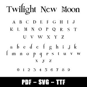 May include: A font alphabet chart with the title "Twilight New Moon". The chart includes uppercase and lowercase letters, numbers, and the text "PDF - SVG - TTF".