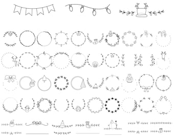 May include: A set of 40 black and white Christmas-themed wreath and border illustrations. The illustrations include wreaths with various holiday elements such as stars, reindeer, Santa hats, and candy canes. There are also borders with holly, snowflakes, and lights.