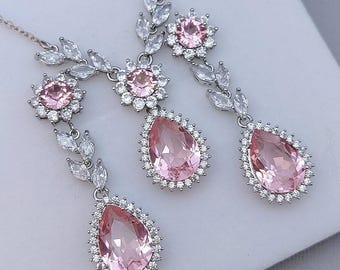 Light pink crystal bridal jewelry set, Swarovski Light Rose back drop necklace teardrop earrings wedding jewelry set Rose Gold and Silver