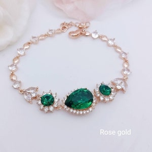 Swarovski emerald bracelet rose gold wedding bracelet emerald green bracelet for brides emerald wedding jewelry in yellow gold and silver