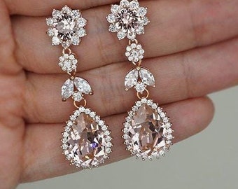 Morganite pink bridal earrings Rose Gold Chandelier Earrings for Bride, Blush Pink Crystal Drop Wedding Earrings with Round Halo Studs