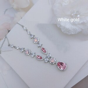 Pink bridal jewelry set, swarovski light rose necklace and earrings set, crystal drop chandelier earrings pink statement necklace set image 8