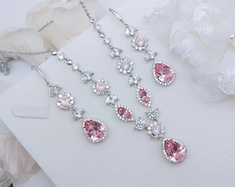 Swarovski pink statement jewelry set, rose gold y tear drop necklace extra long dangle earrings set, pink opal silver wedding jewelry set