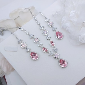Pink bridal jewelry set, swarovski light rose necklace and earrings set, crystal drop chandelier earrings pink statement necklace set image 1