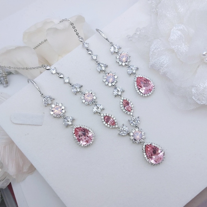 Pink bridal jewelry set, swarovski light rose necklace and earrings set, crystal drop chandelier earrings pink statement necklace set image 1
