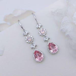 Pink bridal jewelry set, swarovski light rose necklace and earrings set, crystal drop chandelier earrings pink statement necklace set image 4