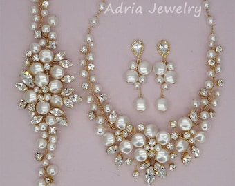Pearl Boho Wedding Jewelry Set Gold Statement Bridal Necklace Bracelet Earrings set Swarovski Pearl Rhinestone Luxury Jewelry for Bride