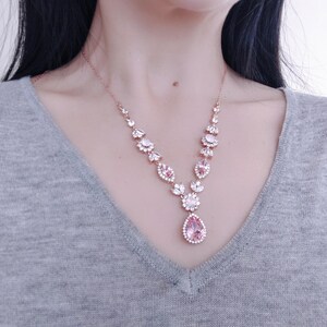 Pink bridal jewelry set, swarovski light rose necklace and earrings set, crystal drop chandelier earrings pink statement necklace set image 7