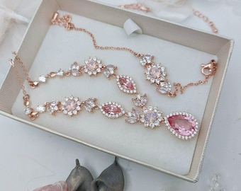 Pink Wedding Bracelet Necklace Set, Rose Gold Statement Bridal Jewelry Set, Swarovski Pink Opal Crystal Tear Drop Jewelry for Bride