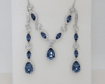 Marineblauwe bruiloftssieradenset, swarovski denimblauwe kristallen ketting en extra lange kristallen oorbellen Set for Brides Something Blue