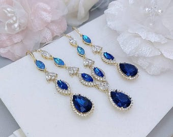 Blue bridal jewelry set navy blue necklace and earrings sets long dangle earrings backdrop necklace wedding jewelry set in silver rose gold
