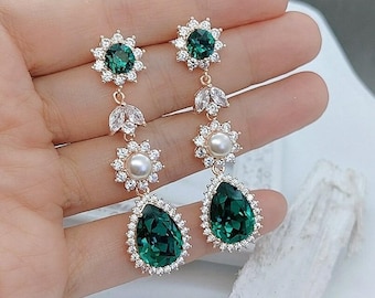 Swarovski emerald and pearl earrings, emerald green bridal jewelry, rose gold long chandelier earrings, round leaf teardrop halo earrings