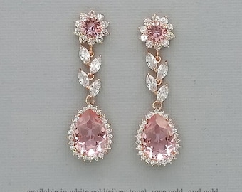 Baby pink crystal drop chandelier wedding earrings, leaf round halo swarovski rhinestone studs earrings for brides in rose gold and silver