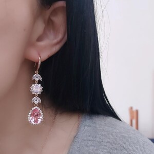 Pink bridal jewelry set, swarovski light rose necklace and earrings set, crystal drop chandelier earrings pink statement necklace set image 5
