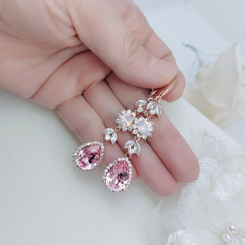 Pink bridal jewelry set, swarovski light rose necklace and earrings set, crystal drop chandelier earrings pink statement necklace set image 6