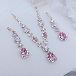 Pink bridal jewelry set, swarovski light rose necklace and earrings set, crystal drop chandelier earrings pink statement necklace set image 2