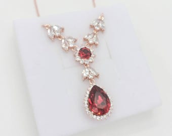 Red crystal necklace ruby red necklace for wedding red bridal necklace in rose gold and silver swarovski crystal jewelry for bride
