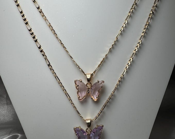 2 Piece 18K Gold-Plated Rhinestone Butterfly Necklace