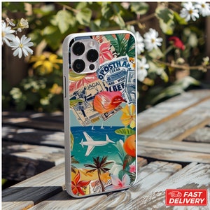 Étui de téléphone tropical de voyage, housse esthétique pour vacances à la plage, étui pour iPhone collage estival, cadeau artistique carte postale rétro