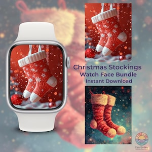 Pode incluir: Um smartwatch branco exibe um design de meia de Natal. As meias vermelhas apresentam padrões de flocos de neve brancos e punhos brancos. A imagem também inclui o texto "Christmas Stockings Watch Face Bundle Instant Download."