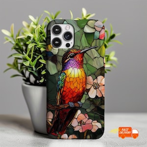 Stained Glass Hummingbird Phone Case: Artistic Floral Design