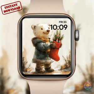 Puede incluir: Una esfera de reloj digital muestra una ilustración en acuarela de un oso polar sosteniendo un calcetín navideño rojo lleno de vegetación y bastones de caramelo. La esfera del reloj también muestra la fecha y la hora. Las palabras "Descarga instantánea" están en la esquina superior izquierda.