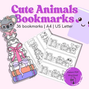 May include: A collection of "Cute Animals Bookmarks" with a koala wearing glasses and a stack of books tied with a pink bow. The image includes the text "36 bookmarks | A4 | US Letter" and a purple book illustration.