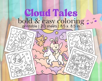 Cloud Tales Coloring Pages | Dreamy Animals, Bold Easy Style (PDF Download)