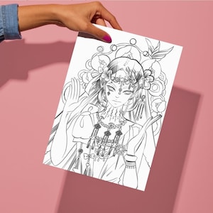 Peut inclure: Illustration en noir et blanc d'une femme orn&eacute;e de bijoux &eacute;labor&eacute;s et d'un coiffe floral. L'&oelig;uvre pr&eacute;sente des traits d&eacute;taill&eacute;s, avec le visage et la tenue de la femme comme point central. L'image est tenue sur un fond rose.