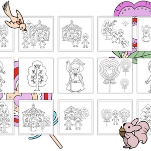 Grimm fairy tale printable featuring Hansel & Gretel, vintage fairy tale art, hand-drawn illustrations, fairytale coloring, storytelling, nursery book, folklore, DIY theatre, creative play, cute drawings, magical world, printable kids activity sheets