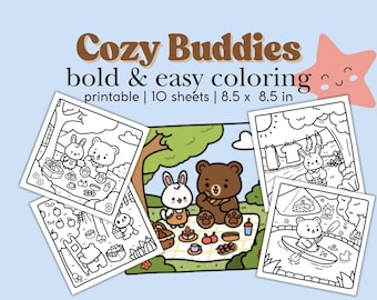 Pagine da colorare Cozy Buddies: Coniglio e Orso, stile Coco Wyo (PDF)