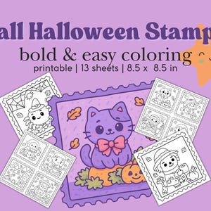 Könnte beinhalten: Eine Sammlung von druckbaren Herbst-Halloween-Stempeln mit kräftigen und einfach zu färbenden Designs. Die Stempel zeigen niedliche Illustrationen von Katzen, Vogelscheuchen und anderen Halloween-Charakteren. Jedes Blatt misst 21,6 x 21,6 cm.
