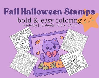 Pagine da colorare con timbri di Halloween autunnali, audaci e facili / Libro da colorare per bambini e adulti, disegnato a mano e stampabile / Fogli antistress / Stile Coco Wyo