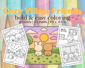 Cozy Village Animals Coloring Pages | Bold Easy Printable PDF for Kids Adults