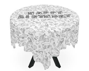 Kids Happy Birthday Unicorn Coloring Tablecloth | Fun Party Activity for Kids | Creative Birthday Party Decoration | Birthday Coloring