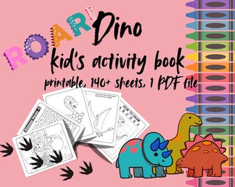 Activiteitenboek dinosaurus voor kinderen | Doolhoven, punt-naar-punt, schaarvaardigheden (pdf-patroon)